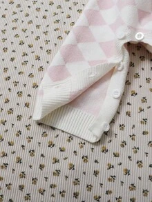 SHEIN Baby Girls' Classic White And Pink Diamond Jacquard Knit Romper,Cute Autumn Long Sleeve Bow Elegant Soft Jumpsuit For Family Matching,Outdoor,Parties - Pink - View 8