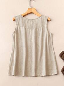 EMERY ROSE 女士纯色纽扣装饰休闲圆领吊带背心，夏季 - 杏色 - 查看 2