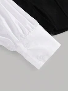 Girlism 少女优雅梭织拼布衬衫上衣和黑色喇叭裤套装 - 黑與白 - 查看 4