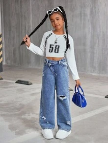 SHEIN Jeans casuales para niñas preadolescentes con cierre de cremallera y cinturilla asimétrica, versátiles para exteriores, fiestas y uso diario - Azul lavado medio - Ver 3