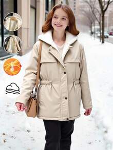 SHEIN Fashionable Mid-Length Hooded Cinched Waist Thermal Lined Padded Coat For Tween Girls Loose Fit, Comfortable For Daily Wear, Commuting, Outings And Photo Shoots Fall Winter - Khaki - View 8