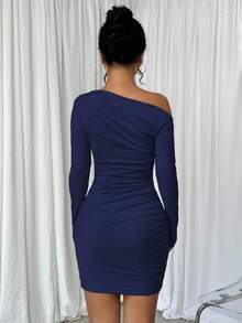 Elenzga Váy dài tay xếp ly bất đối xứng màu trơn dành cho nữ - Màu xanh hải quân - Xem 2