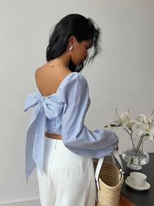 Serisse Chemise courte à col en cœur et manches raglan rayée pour femme - Bleu azur - Voir 5