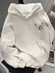 SHEIN 女士休闲印花抓绒落肩卫衣 - 淺灰色 - 查看 2