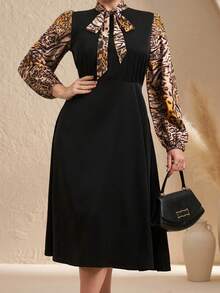 Chikora 加大码黑色拼布豹纹领结蝴蝶结长袖灯笼袖休闲连衣裙，适合日常穿着和通勤 - 彩色 - 查看 4