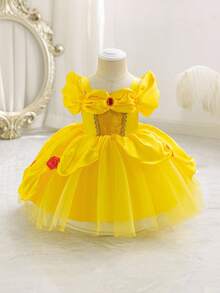 Glamorique Kids 女婴公主薄纱连衣裙，黄色网纱公主裙，蕾丝，红色宝石，派对礼服，红色3D玫瑰，优雅派对礼服，生日派对，婚礼节日礼服，中东，欧洲 - 黃色 - 查看 4