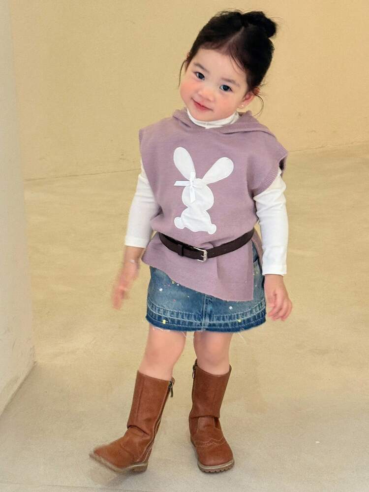 Toddler Girls' Hooded Cartoon Rabbit Contrast Color Vest Korean Style Sweater