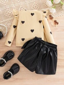 SHEIN Babygirl 可爱休闲针织长袖上衣和黑色 PU 皮革迷你裙套装 - 彩色 - 查看 2