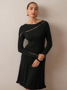 Modelyn Women's Metal Buckle Turtleneck Sweater Dress, Commuter Style For Casual Daily/Travel/Holiday,  Fall&Winter - Black - View 7
