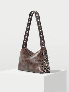 MOTF PREMIUM PU LEATHER RIVET SHOULDER BAG - Coffee Brown - View 3