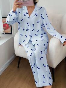 SHEIN Women's Collared Heart Striped Long Sleeve Top & Pants Pajama Set, Blue And White Pajama Set, Fall Winter Clothes - Blue - View 5