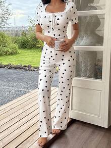 SHEIN Women's Casual Heart Print Square Neck Tight Top And Flare Pants Pajama Set Cute Lounge Set Women Pajama Set Heart Pajama Set Summer Lounge Sets For Women Two Pieces Sleepwear Set - Multicolor - View 3