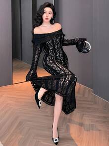 DAZY Elegante abito midi da donna con spalle scoperte, maniche a campana e fondo a sirena, adatto per feste in autunno - nero - Visualizzare 6