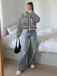 SHEIN EZwear 女士休闲撞色短款外套，秋冬季 - 淺灰色 - 查看 6