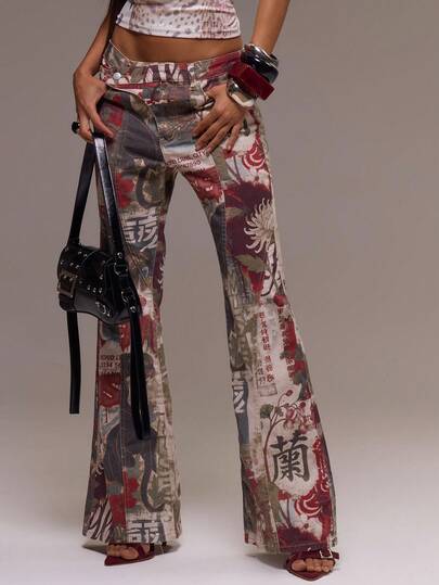 MUSERA Fitted Asymmetric Waist Low Rise Print Flare Jeans Cool Girl, Fall, Going Out, Sexy, Crimson Winter Christmas Thanksgiving Chic