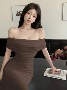 Modelyn Women's Off Shoulder Ruched Waist Elegant Wedding/Occasion Dress,Fall Wedding Guest Dress - Coffee - View 5