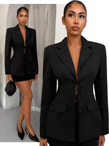 SHEIN SXY 女士翻领长袖通勤系带蝴蝶结西装外套 - 黑色 - 查看 6