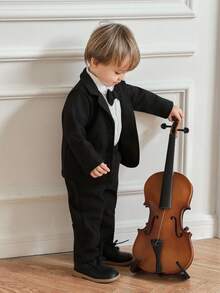 Souflis Souflis 2 pièces Costume rétro français pour bébé garçon Automne/Hiver 2025 Nouvelle veste texturée noire avec nœud papillon, Top à manches longues et pantalon noir. Tenue élégante pour anniversaire, fête, occasions formelles en automne