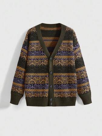 Fairycore Vintage geometrisches Jacquard V-Ausschnitt gestrickter Cardigan für Frauen, lässiger, locker sitzender Strickmantel, Herbst/Winter