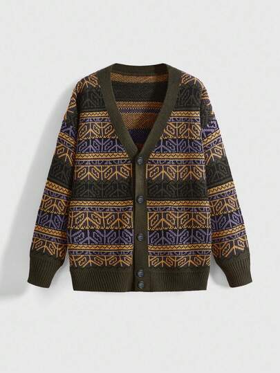 Fairycore Cardigan lavorato a maglia con scollo a V e motivo geometrico vintage per donna, maglione casual e ampio, adatto per autunno/inverno