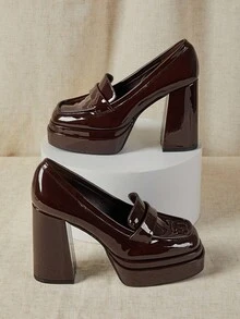 SHUZIA 女士经典英伦风格厚底高跟鞋，百搭厚底牛津鞋，适合上学和工作 - 巧克力棕 - 查看 3