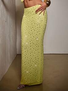 SHEIN BAE 女士优雅水钻装饰半身裙，夏季 - 黃色 - 查看 5