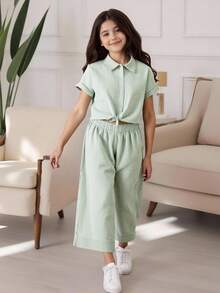 2 件套女童条纹棉质衬衫和阔腿裤套装，度假休闲装，春夏 - 綠色 - 查看 5