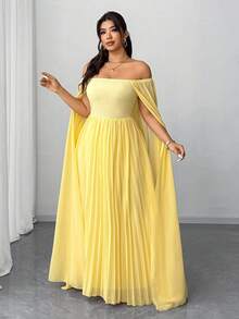 Elenzga Plus Size Women's Elegant Off-Shoulder Ruffle Chiffon Maxi Dress, Suitable For Party, Wedding Guest, Spring/Autumn/Winter - Yellow - View 3