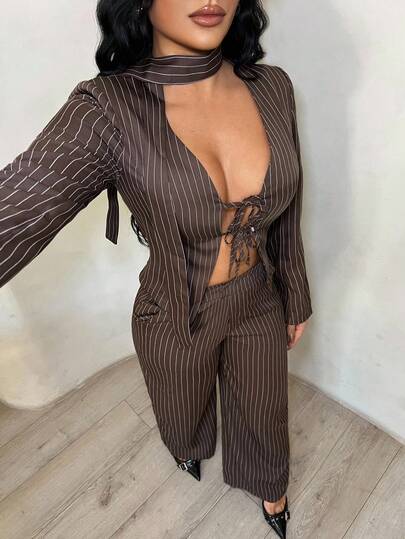 SHEIN SXY 大码女士休闲条纹西装套装