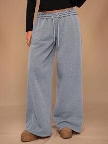 SHEIN Forever 21 秋冬新款休闲保暖内衬宽松松紧腰阔腿运动裤 - 淺灰色 - 查看 3