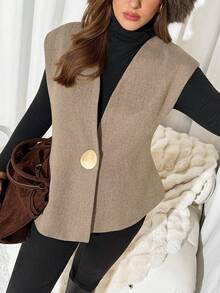 Auralis 大码纽扣装饰优雅时尚无袖背心夹克，秋冬 - 卡其色 - 查看 6