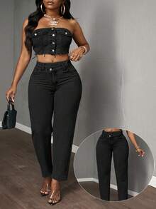 Slaydiva 大码女式不对称腰部口袋休闲锥形牛仔裤 - 黑色 - 查看 1