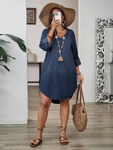 EMERY ROSE Große Größen Lässiges Denim Kleid mit vorne kurz hinten lang Design, Große Größen Denim Kleid Langarm Denim Kleid Damen Denim Kleid Chambray Kleid