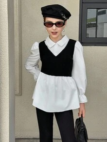 Streelcool Girls Blouse,Black And White Elegant Faux Fur Knit Ribbed Patchwork Shirt,High Waist Ruffle Hem,Puff Lantern Sleeves,School,Back-To-School - Black and White - View 4