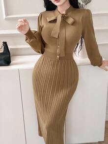 DAZY 女式优雅纯色系带毛衣裙，秋季 - 棕色 - 查看 3