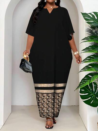 SHEIN Lady Vestido de bata elegante con muesca trenzada en blanco y negro para primavera, verano, otoño e invierno, talla grande