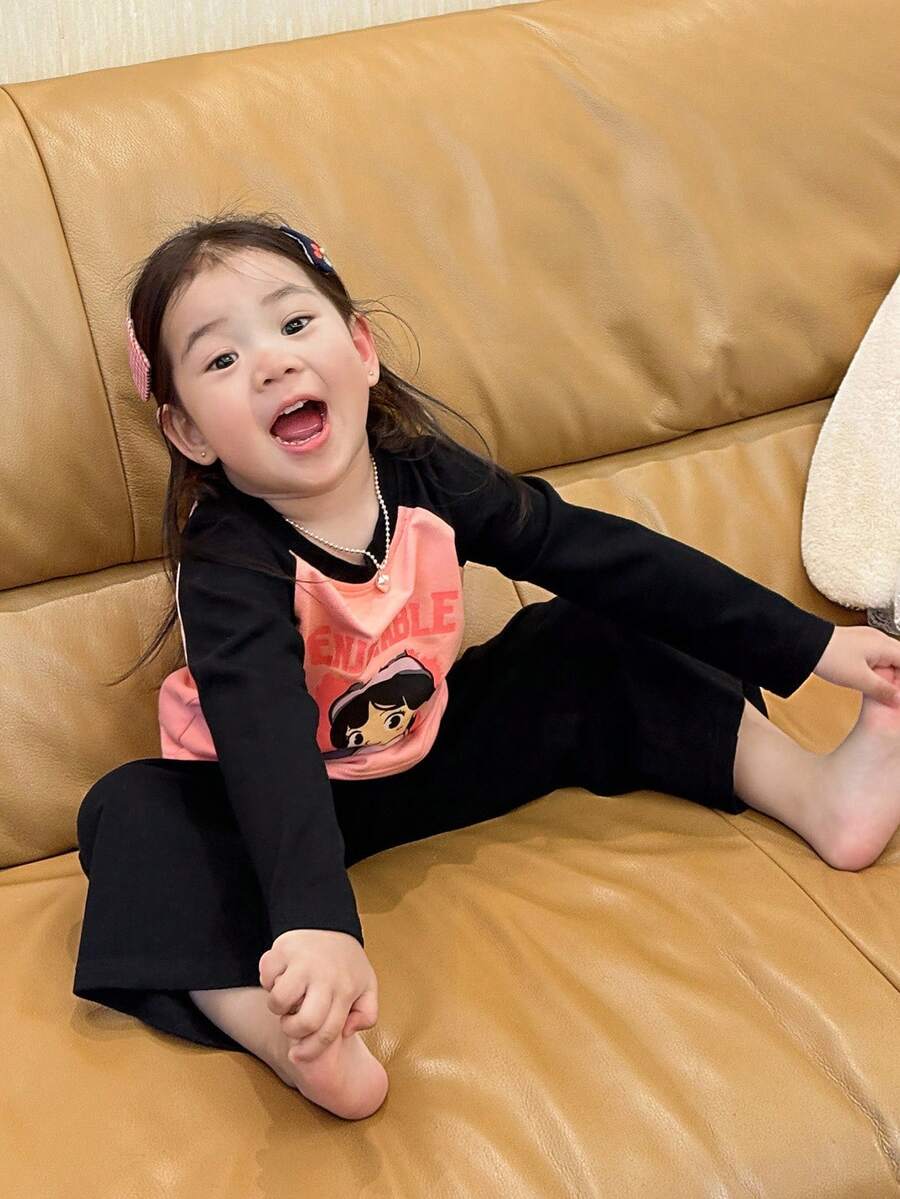 DAZY 2pcs Baby Girls' Cartoon Print T-Shirt With Raglan Sleeve & Loose Solid Color Pants Pajama Set Fall,Winter Toddler Girls Clothes - Baby Pink - View 1