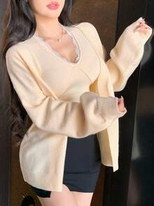 DAZY 2 件套女士优雅蕾丝拼布吊带背心开衫毛衣套装，秋季 - 杏色 - 查看 1