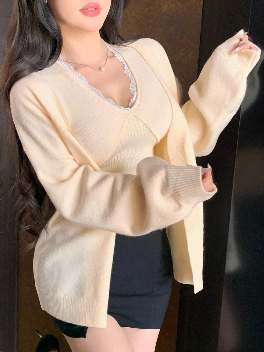 DAZY 2 件套女士优雅蕾丝拼布吊带背心开衫毛衣套装，秋季 - 杏色 - 查看 1