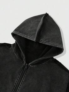 ROMWE MEN Casual 男士休闲拉链口袋连帽卫衣，秋季款，长袖上衣 - 黑色 - 查看 3