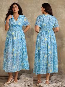 Roveilla Elegantes Kleid in Große Größen mit blauem Allover-Muster, V-Ausschnitt und Rüschensaum, Sommer - Verschiedenfarbig - Übersicht 3