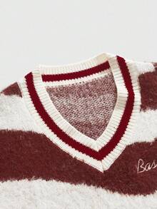 ROMWE MEN Prep Men's V-Neck Contrast Color Fuzzy Knit Sweater Vest, Retro College Style, Fall Winter - Beige - View 3