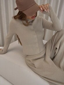 MUSERA Button Up Long Sleeve Cardigan Relaxed Elasticated Knit Trousers Ribbed Knit Set Classy Sexy Streetwear Night Out Elegant Evening Party Winter  Spring Vacation - Grey - View 3