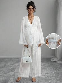 Momance 2pcs/Set Fashionable Feather Print Long Sleeve Top And Wide Leg Pants - White - View 5