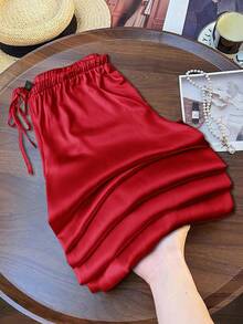 SHEIN LUNE 女士休闲亮面缎面低腰阔腿裤，适合简约休闲和通勤穿搭，春夏缎面裤，休闲款 - 紅色 - 查看 2