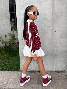 SHEIN Tween Mädchen Lässige Alltags Streetfashion Set aus burgunderrotem Sweatshirt mit Langarm und Blumen-Peplum-Rock