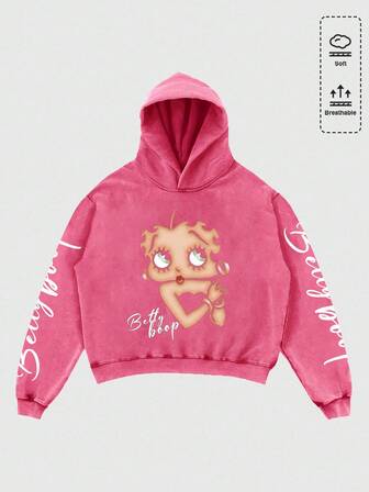 Betty Boop | ROMWE Men's Fall Figure Graphic Washed Loose Fit Hoodie
