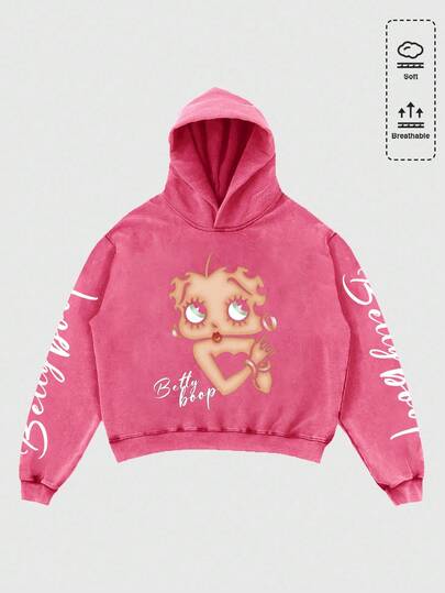 ROMWE MEN Betty Boop | ROMWE 男士秋季印花水洗宽松连帽衫，长袖上衣