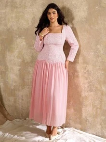 Roveilla Váy voan chắp vá họa tiết Pháp cỡ lớn cho nữ - Hồng - Xem 6
