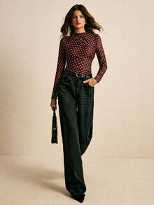 Poéselle Polka Dot Top, Ruched Long Sleeve Top , Chic Y2K Night-Out Layer, Women's Stand Collar Polka Dot Long Sleeve T-Shirt, Mesh Top, Fall Fashion, Y2k Party Top, Suitable For Daily Wear, Going Out, Commuting, Dating, Home And Other Occasions - Brown - View 2